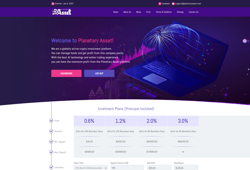 Planetaryasset.com投资介绍：每个工作日分红0.6%-3%