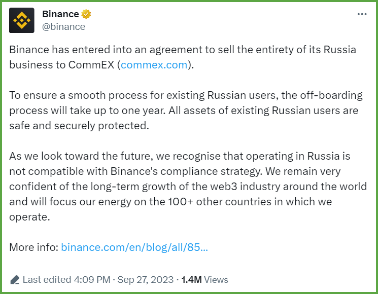 币安(Binance)全面退出俄罗斯加密货币市场，相关用户和业务将全部转移至交易公司CommEX，过渡期限一年