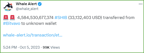 新巨鲸以0.000007227美金的单价，购入4.5万亿枚柴犬币，并且从交易所转移到了一个身份未知的钱包