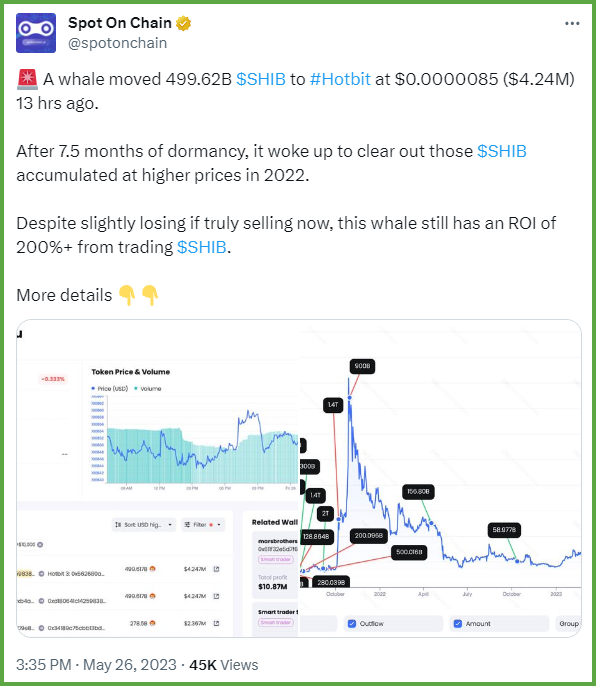 新巨鲸以0.000007227美金的单价，购入4.5万亿枚柴犬币，并且从交易所转移到了一个身份未知的钱包