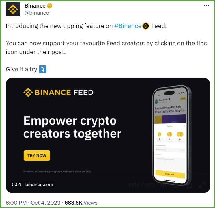 币安社交功能Binance Feed：用户均可开通打赏功能