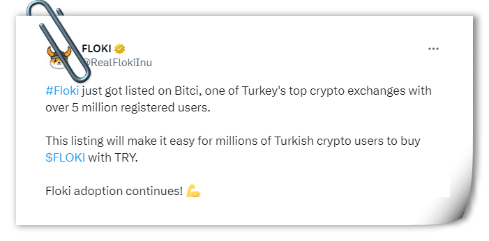 Floki achieved significant success in Turkey with listing on Bitci Exchange
