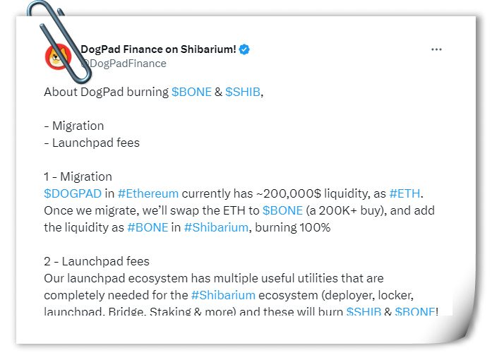 DogPad will burn SHIB and BONE tokens when Shibarium launches