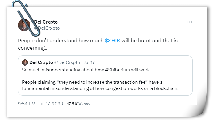 Del Crxpto says people are unaware how many SHIB tokens to Burn through Shibarium 
