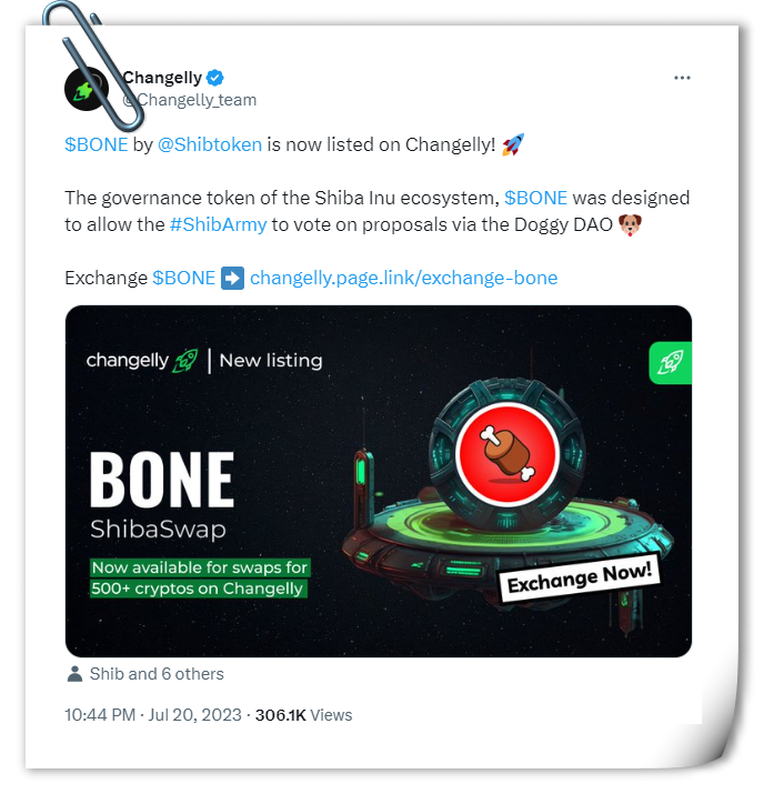 Shiba Inu team is thrilled about the listing of BONE on Changelly