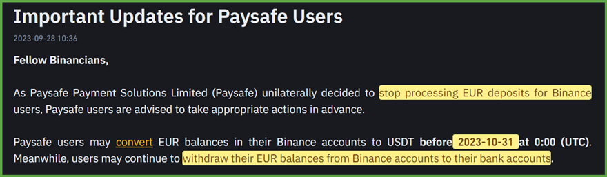 Paysafe取消加密货币银行业务，币安敦促用户将欧元兑换成 USDT