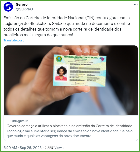 巴西全国11月6日将实现区块链数字身份证