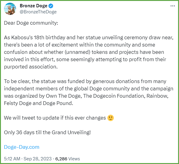 狗狗币（Dogecoin）原型Kabosu的18岁生日雕像仪式，将于11月2日举办