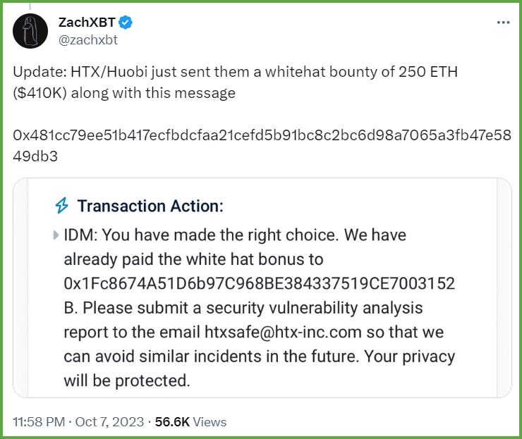 盗取HTX以太坊的黑客还钱了,火币奖励黑客250枚ETH